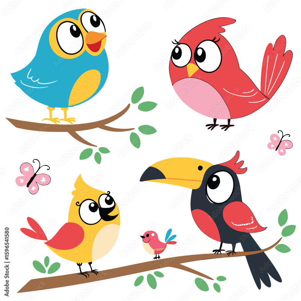 A variety of colorful cartoon birds in various poses and positions illustration vector A variety of colorful cartoon birds in various poses and positions illustration vector
