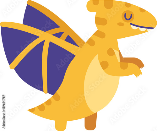 Cartoon illustration of a smiling pterodactyl dinosaur flapping its purple and yellow wings, showing teeth and claws, isolated on white background