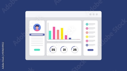 2D animation video showing digital stock market trading analytics, accounting reports, financial data, and business dashboard visualization on a laptop screen