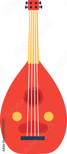 Red oud musical instrument with four strings and sound hole, representing Arabian culture and music traditions, isolated on white background