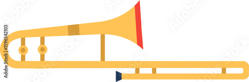 Golden trombone brass instrument with slide and bell isolated on white background, creating a simple yet vibrant representation of music and sound