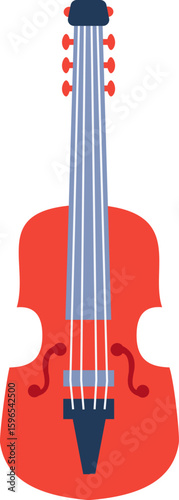 Red cello showing strings, sound holes, bridge, tuning pegs, fingerboard and scroll, in vertical position, isolated on white background, representing classical music and string instruments