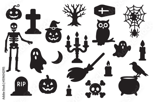 Halloween silhouette vector set featuring spooky trees, haunted houses, carved pumpkin faces, spider webs, bats, and pumpkin shapes. Halloween icon. Halloween icon set. Silhouette style. 