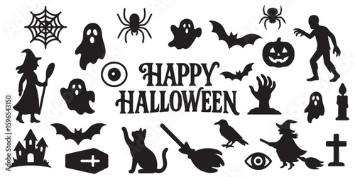 Halloween silhouette vector set featuring spooky trees, haunted houses, carved pumpkin faces, spider webs, bats, and pumpkin shapes. Halloween icon. Halloween icon set. Silhouette style. 