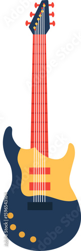 Colorful electric guitar with red neck, tuning pegs and strings, ready to be played by a musician, representing music, entertainment, and creativity