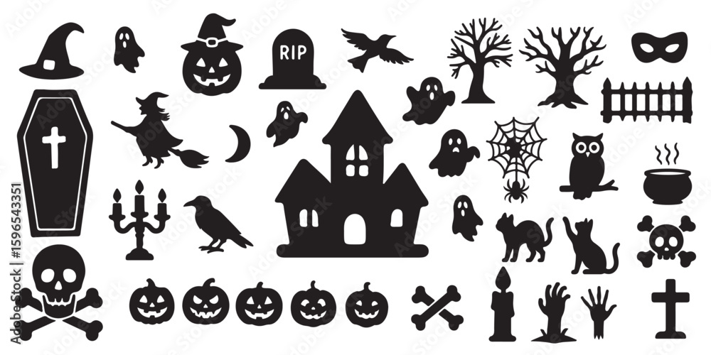 Fototapeta premium Halloween silhouette vector set featuring spooky trees, haunted houses, carved pumpkin faces, spider webs, bats, and pumpkin shapes. Halloween icon. Halloween icon set. Silhouette&nbsp;style. 