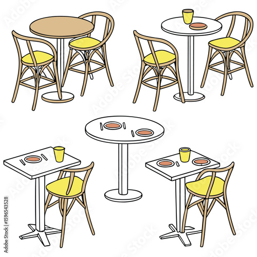Cartoon furniture. Tables with chairs furniture for office, cafe, restoran, home kitchen interior scene illustration vector