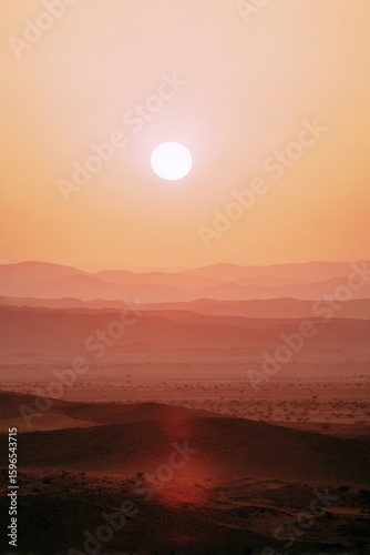 Summer desert landscape glowing under a vibrant sunset with red sun Generative AI