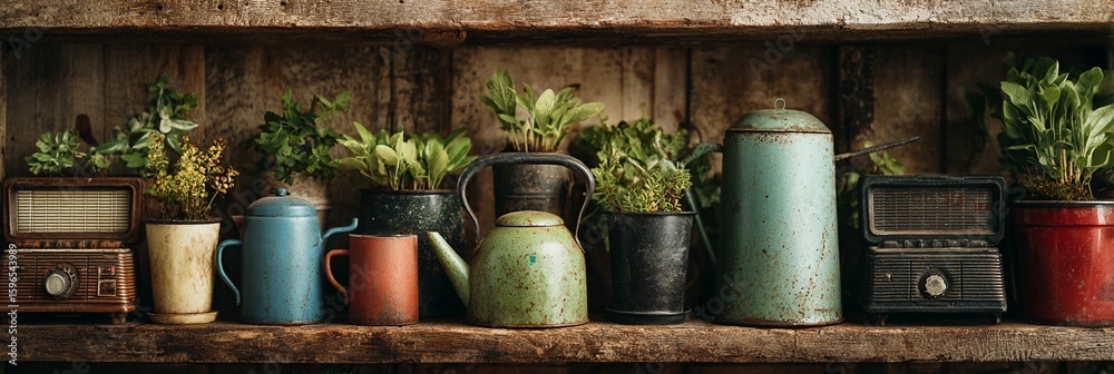 Fototapeta premium Rustic vintage shelf displaying an eclectic collection of ceramic jugs, vintage radios, and potted green plants against weathered wooden background