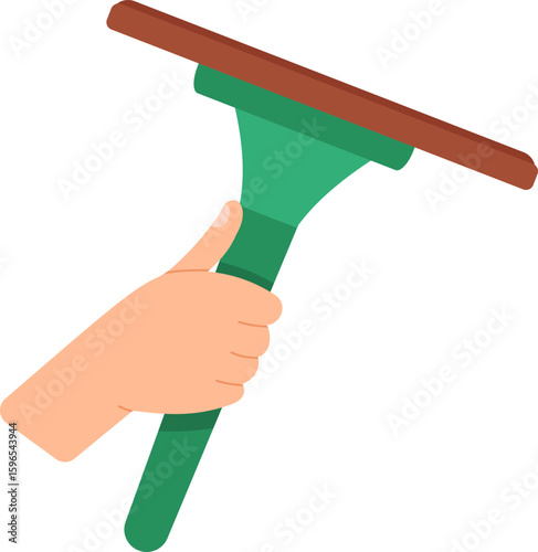 Hand gripping a green squeegee featuring a brown rubber blade, poised for effective window cleaning and various tasks requiring thorough surface wiping and maintenance