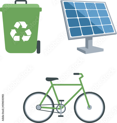 Eco-Friendly Transportation Icons: Recycling Bin Solar Panel and Bicycle.