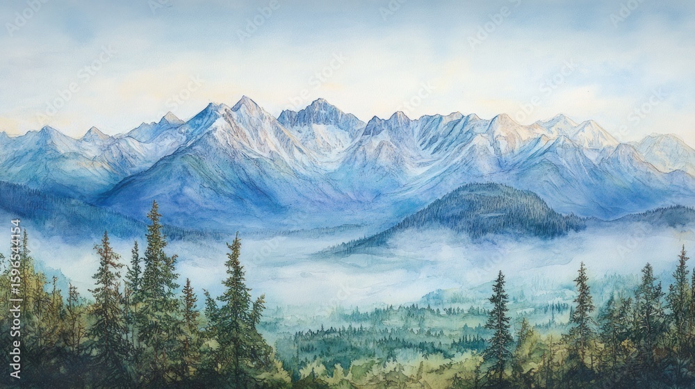 Obraz premium Misty mountain range panoramic watercolor landscape painting