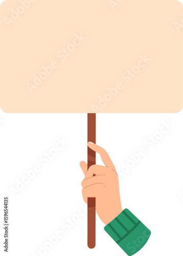 Activist holding empty banner on wooden stick promoting message supporting human rights, protesting for environmental protection, or supporting political movements