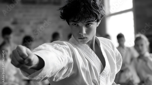 teen boy practicing martial arts moves in a modern dojo, wearing traditional gi uniform, intense focus, healthy teen hobby photography 