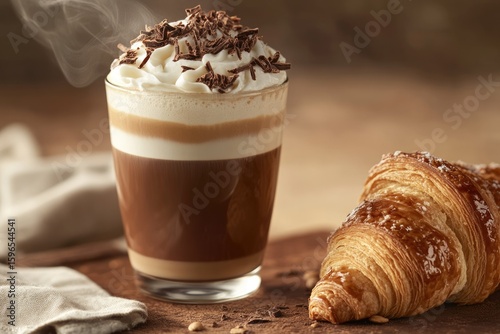 Layered coffee drink topped with whipped cream and chocolate shavings served with a croissant.