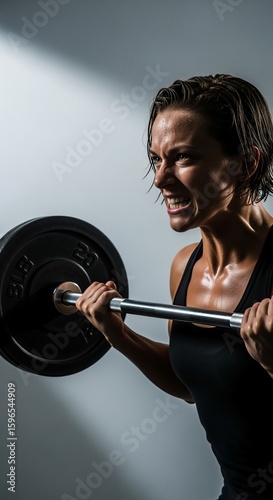 Intense Weightlifting: Sweaty Woman's Determined Grit During Barbell Workout