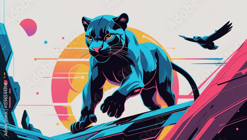  Powerful Black Panther in a Vibrant Retro-Futuristic Landscape