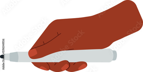 Dark skinned hand gripping a whiteboard marker, ready to write or draw, embodying creativity, communication, and education in various settings like classrooms and offices