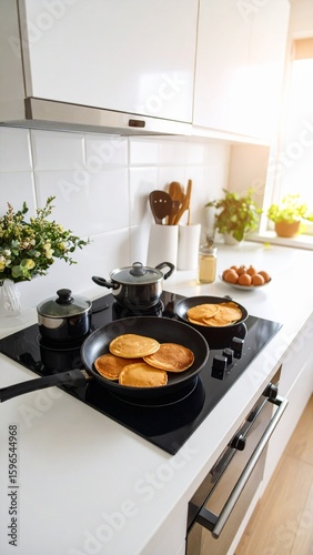 Delicious Pancakes Cooking on Modern Kitchen Stove.