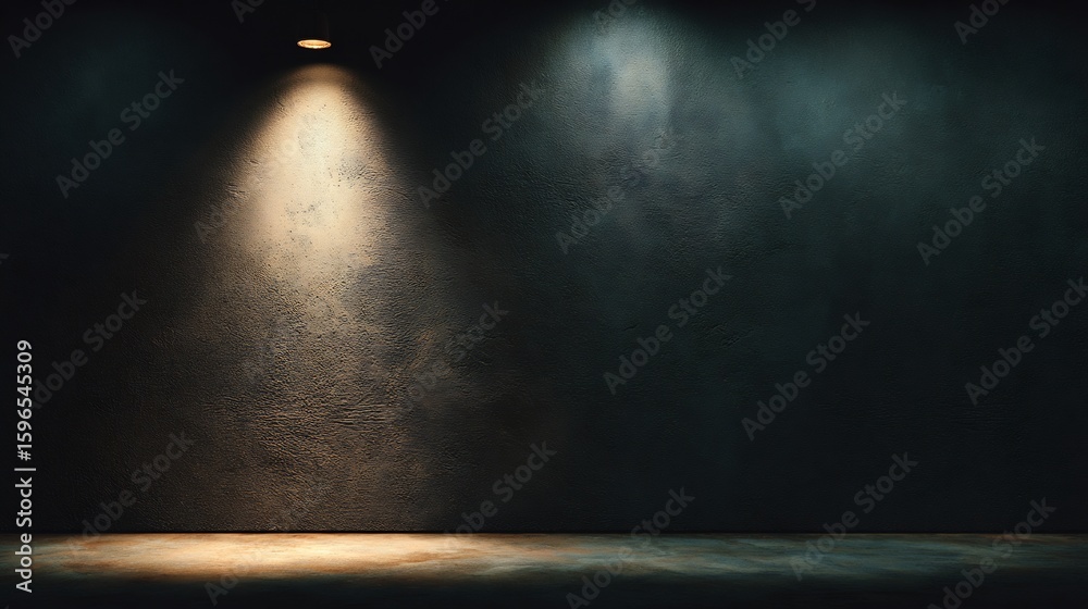 Obraz premium Dramatic studio shot featuring a textured dark wall with a bright spotlight illumination offering