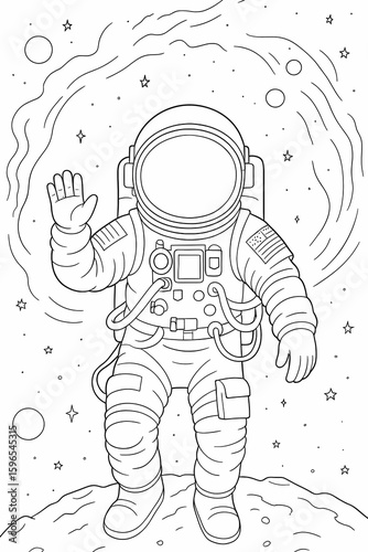 Black line illustration of  an astronaut in space suit