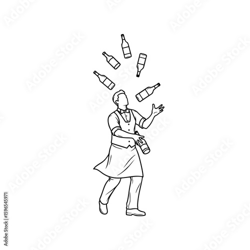 Outline Bartender Logo, Bartender Tossing Bottles, Dynamic Motion, Vector Line Art