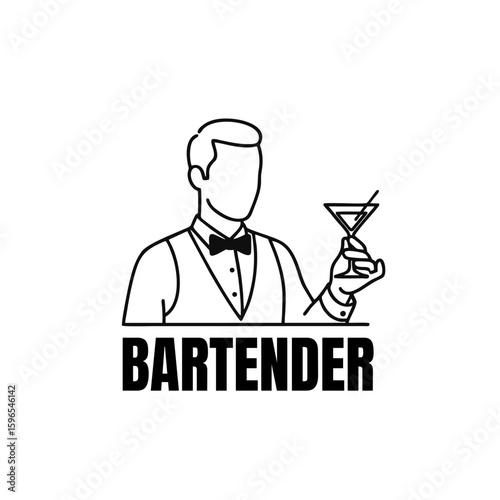 Bartender Logo, Bowtie Holding Martini Glass, Simple Line Art