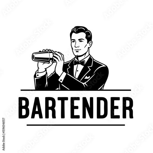 Retro Bartender Logo, Classic Tuxedo, Holding Cocktail Shaker