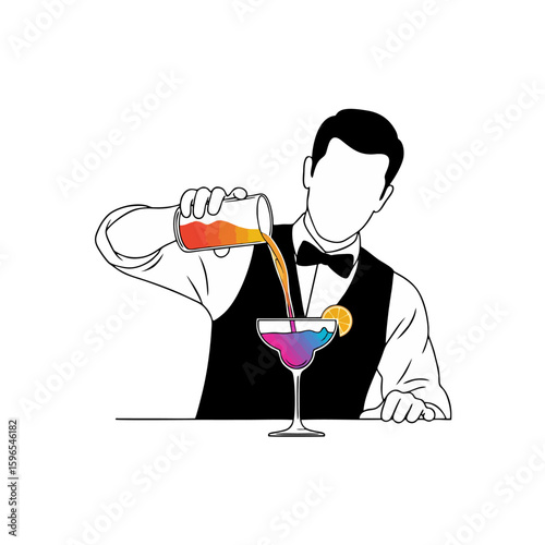 Bartender Logo, Bartender Pouring Cocktail Into Glass, Clean Outline Logo Style
