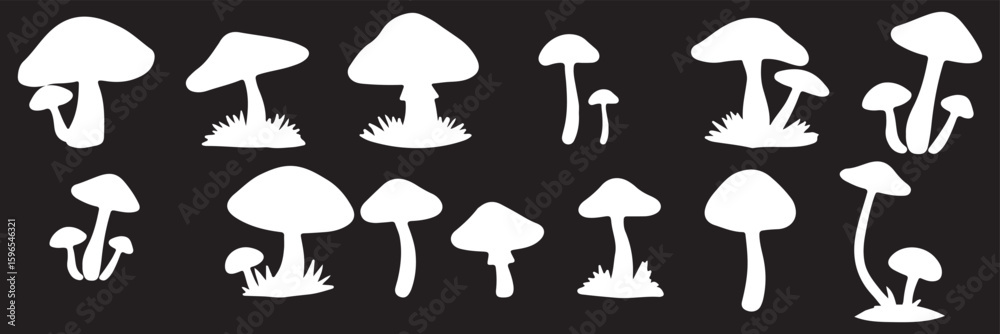 Mushroom silhouettes set, fungi pack of vector silhouette design . Mushrooms set ,black silhouettes, on white background. Vector isolated elements. Mushroom silhouettes set, fungi pack of vector silhouette design . Mushrooms set ,black silhouettes, on white background. Vector isolated elements.