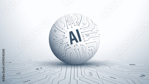 3D AI globe combined with circuit board pattern on circuit board. Big data and deep learning concepts in generative AI and robotics. Future cybernetic artificial intelligence. Vector illustration.
