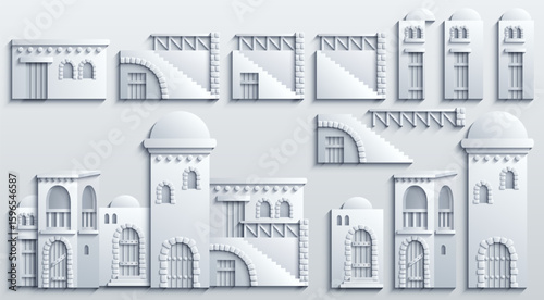 White paper cut style set of oriental architectural elements. Vector icons of desert houses, domes, stairs and arches isolated on white. Building kit for 3D design.