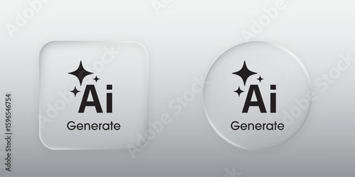 3D generative AI button. Liquid glass button with generate symbol. User interface element for ui ux design. Modern web design. Transparent frames and buttons. Vector illustration.