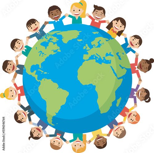 Diverse children holding hands around a vibrant planet Earth illustration.