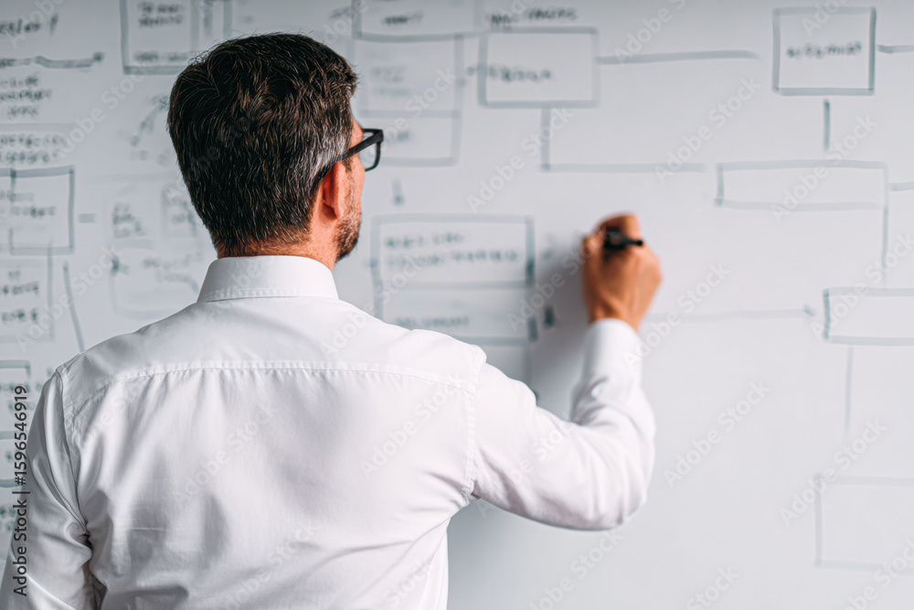 A man in a white shirt writes and plans on a whiteboard filled with diagrams and notes, focusing on organizing information or strategies. A man in a white shirt writes and plans on a whiteboard filled with diagrams and notes, focusing on organizing information or strategies.