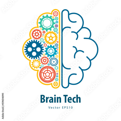 Concept of Engineer and Innovation. Brain Tech. Colorful gears and cogs brain symbol. Human and Artificial Intelligence. Innovations powered by machine learning and Deep learning. Vector illustration.