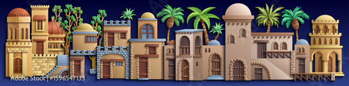 Arabic paper cut style wide panorama of an ancient oriental city with many houses, domes and palm trees on dark blue background. Ramadan and travel concept vector.