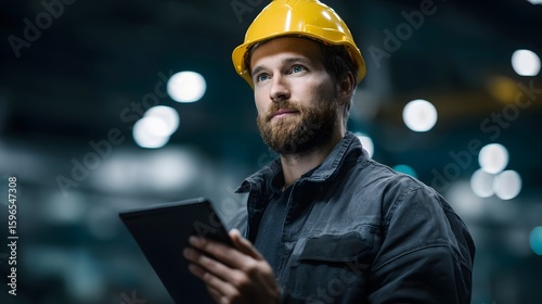 Technician using digital tablet in factory