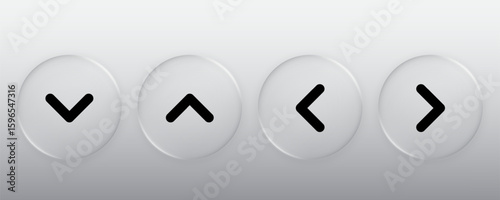 3D Direction button. Liquid glass button with arrow symbol. up, down, left, right sign. Modern web user interface element for ui ux design. Transparent frames and buttons. Vector illustration.