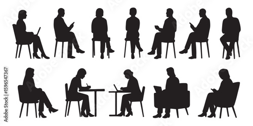 Vector set of business people sitting silhouettes isolated on white background. Businessman and businesswomen sitting on stool and chair chatting working and talking . eps 10