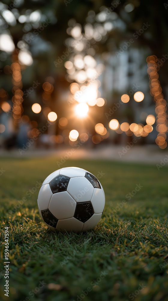 Fototapeta premium A close-up view of a classic black and white soccer ball resting on vibrant green grass, sunlit with bokeh light spots in the background, shallow depth of field, natural outdoor lighting, summer sport