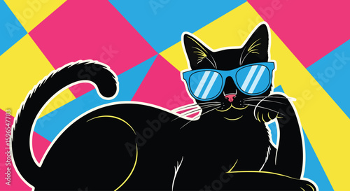 Illustration of a black cat wearing blue sunglasses, reclining against a colorful geometric background of pink, yellow, and blue triangles.