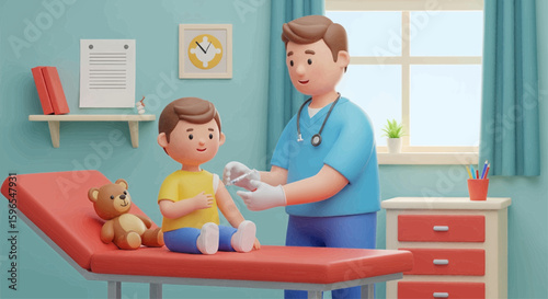 A cartoon doctor gives a vaccination shot to a child in a cheerful, pastel-colored clinic setting.