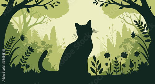 Silhouette of a cat sitting in a lush green forest clearing surrounded by trees, plants, and flowers, gazing into the distance.