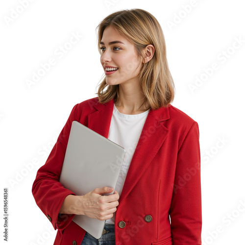 Confident young professional woman with laptop, wearing a red blazer, looking away and smiling, embodying modern work life and career aspirations