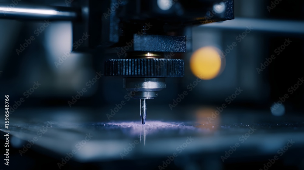 Fototapeta premium A 3D printer creating a prototype part in a maker lab long title A close up view of a 3D printer nozzle in a dimly lit industrial style maker