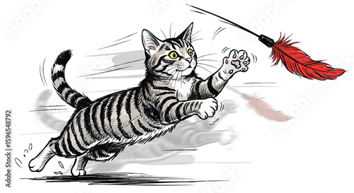 A playful striped tabby cat leaps in the air, reaching for a red feather toy on a stick, with motion lines indicating speed.