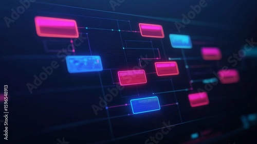 A futuristic digital flowchart with neon pink and blue nodes connected by dotted lines on a dark background, representing data processing or network architecture.