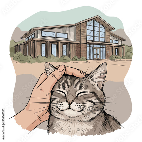 Close-up illustration of a smiling tabby cat being petted on the head, with a modern building in the background.