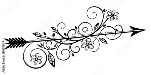 Elegant Black and White Floral Arrow Design; Ornate Swirls, Flowers, and Leaves; Romantic, Vintage Style.